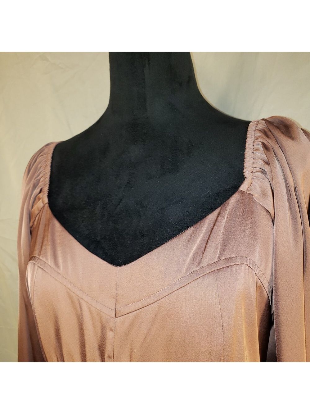 Mittoshop Satin Long-Sleeve Babydoll Dress in Rose Taupe - L - Picture 2 of 6